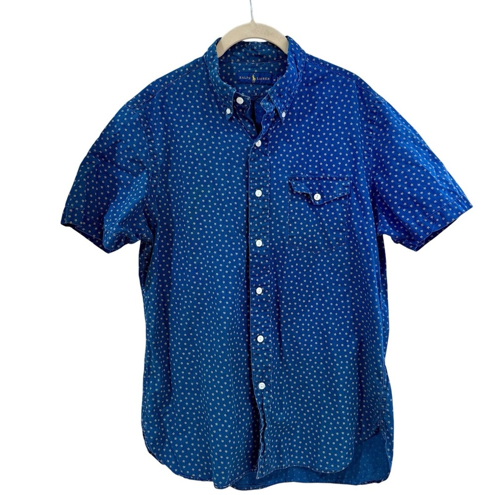Ralph Lauren Shirt Mens Medium Blue Star Short Sleeve All Over Print Button Down